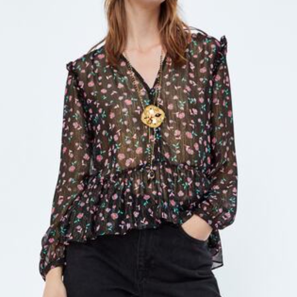 NWT ZARA FLORAL PRINTED SHIRT WITH METALLIC THREAD size XS
